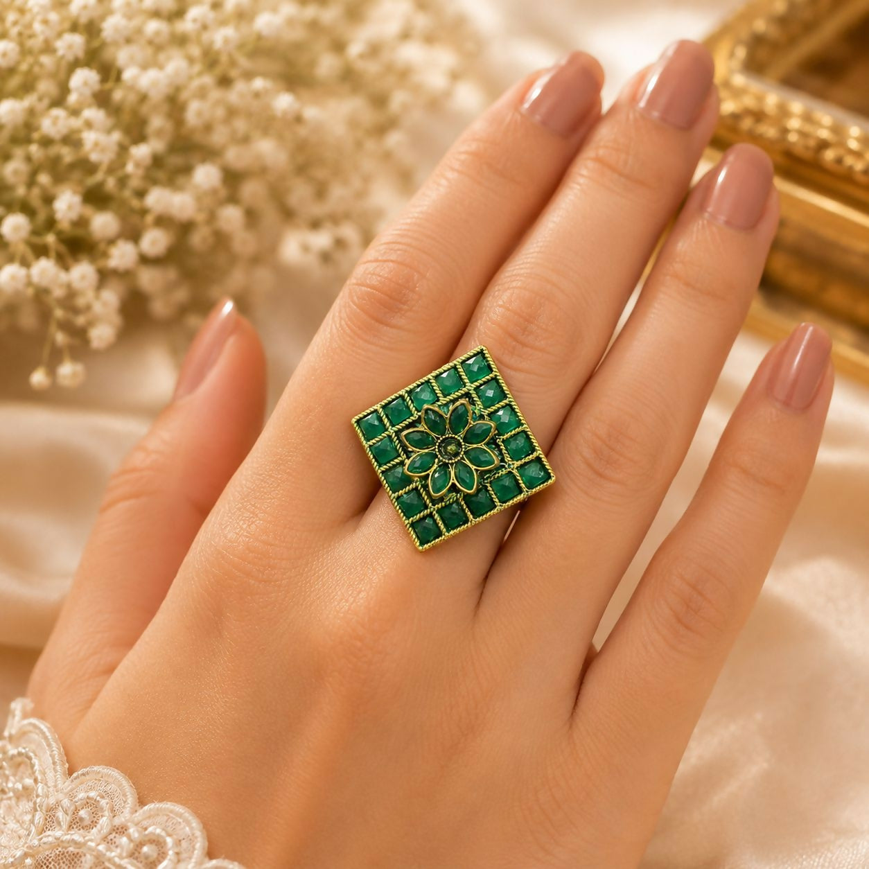 Statement Ring – Vintage Green Floral Design for Women - Image 2