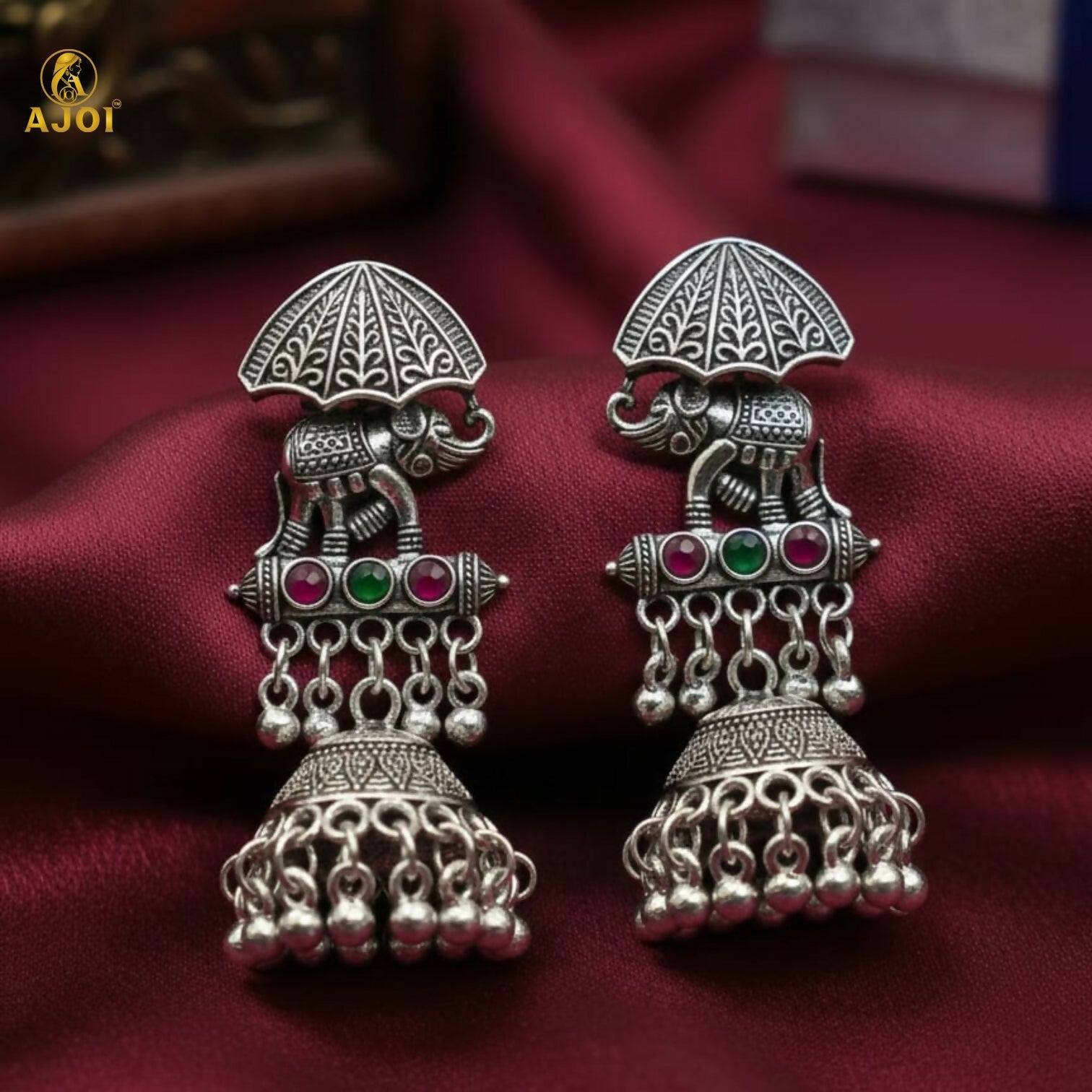 Elephant Motif Oxidized Silver Jhumka Earrings – Royal...