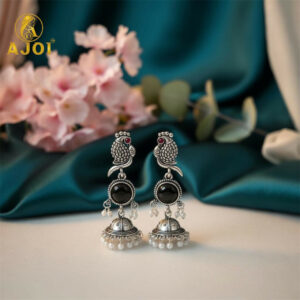 Peacock Earrings – Black Stone Jhumka in Oxidized...