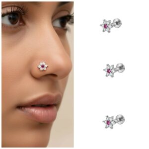 Silver Plated Ruby Flower Nosepin Studs – Pack…