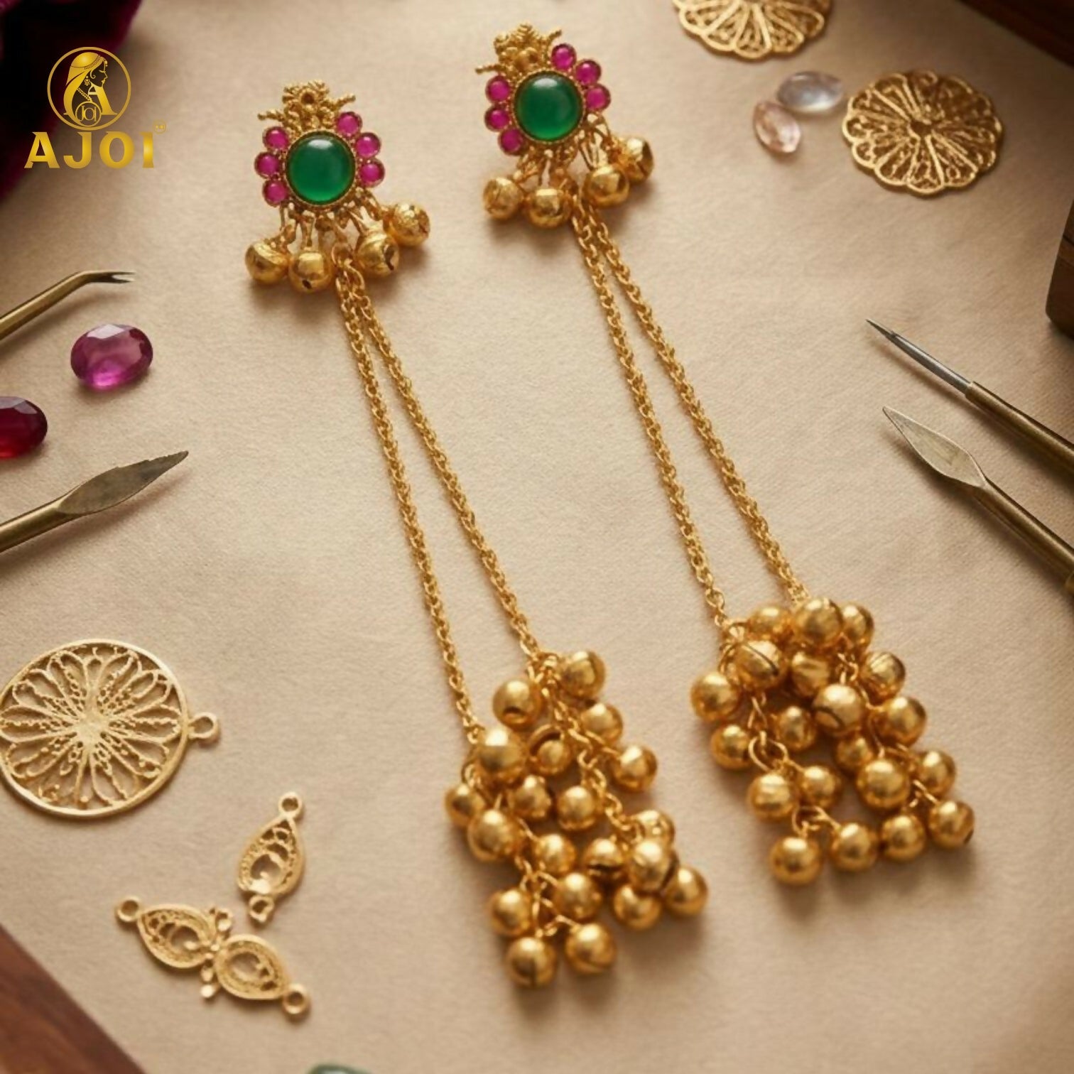 Kashmiri Gold-Plated Ear Cuff Earrings with Emerald &...