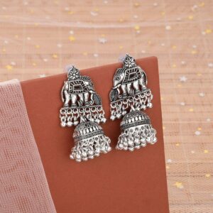 Elephant Jhumka Earrings – Traditional Silver Finish for...