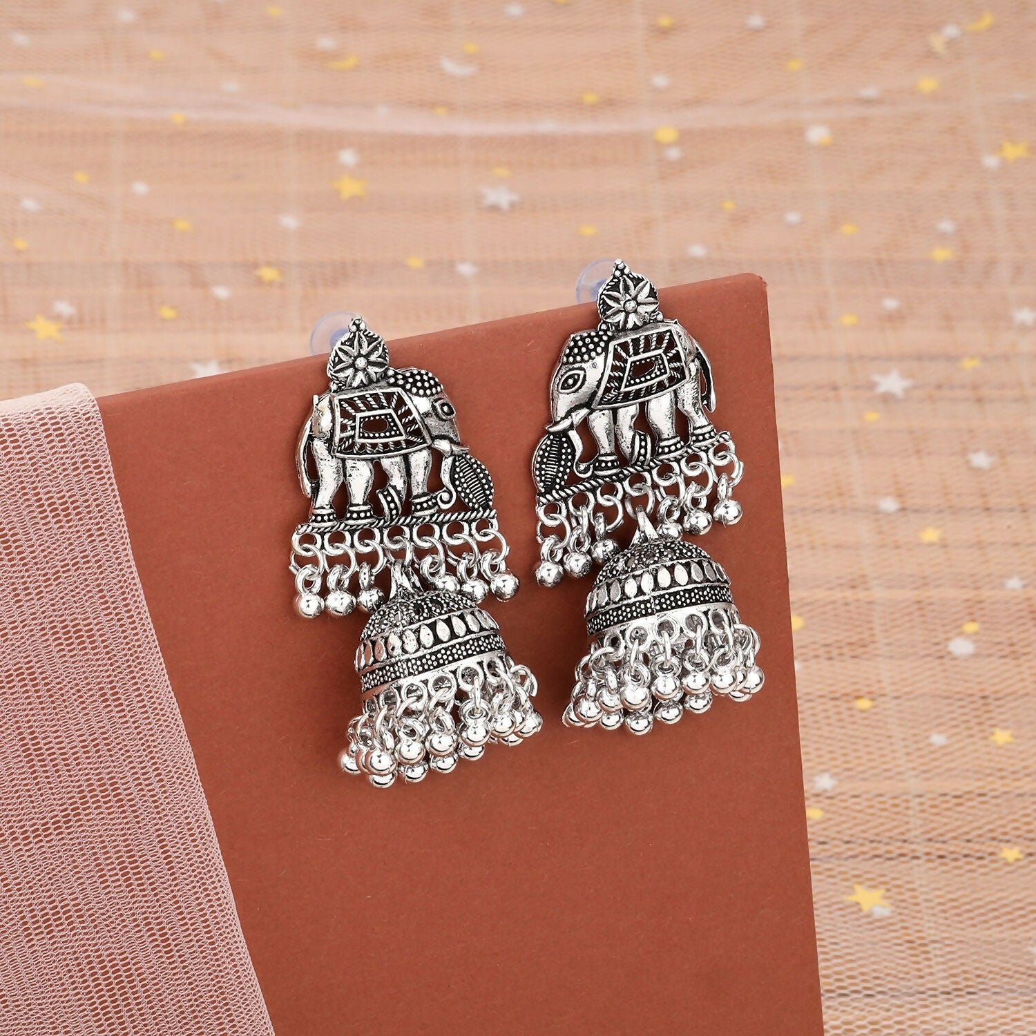 Elephant Jhumka Earrings – Traditional Silver Finish for...