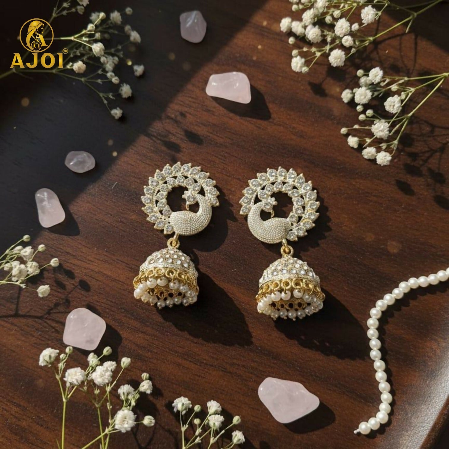 White Stone Pearl Jhumka Earrings – Elegant Festive...