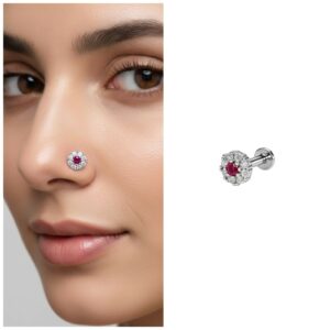 Ruby Floral Halo Nose Pin – Elegant Silver…