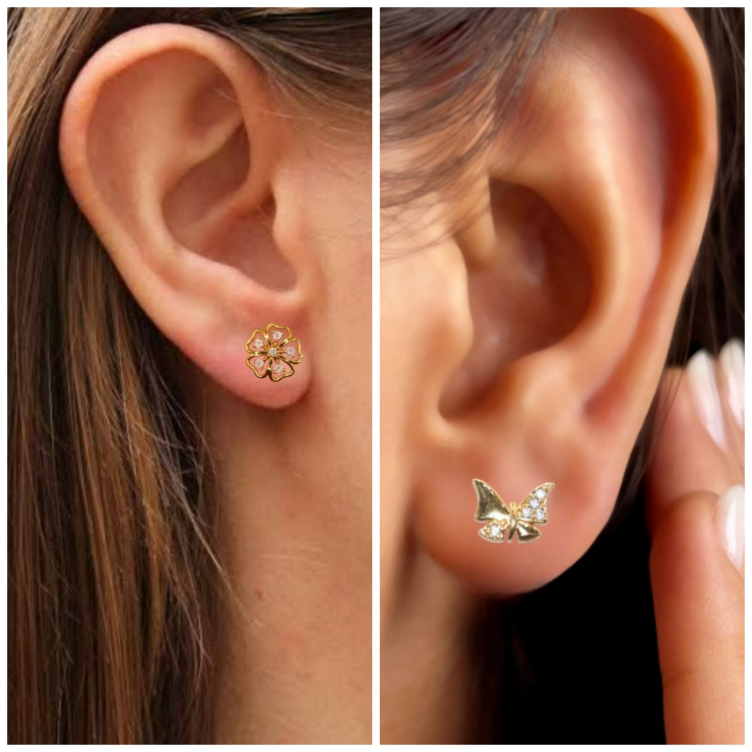 Gold Flower & Butterfly Stud Earrings – Elegant... - Image 2