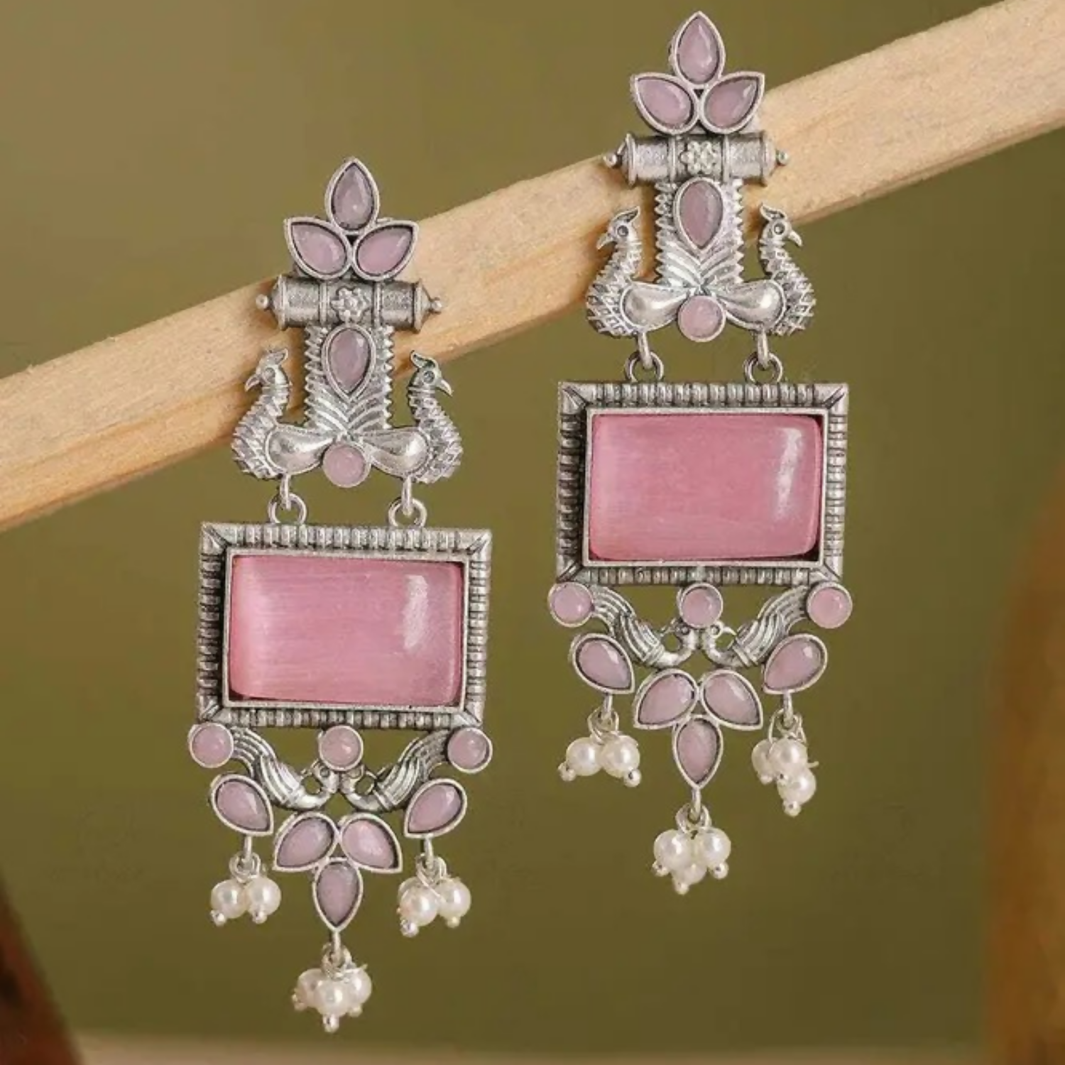 Oxidized Silver Drop Earrings – Pink Stone &... - Image 2