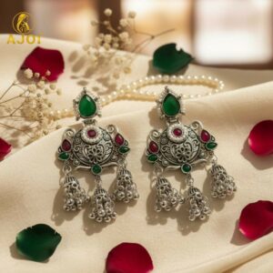 Oxidised Chandbali Jhumka Earrings – Elegant Green &...