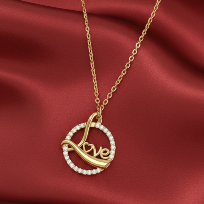 Love Script Circle Pendant Necklace – Elegant Gold Plated Jewelry