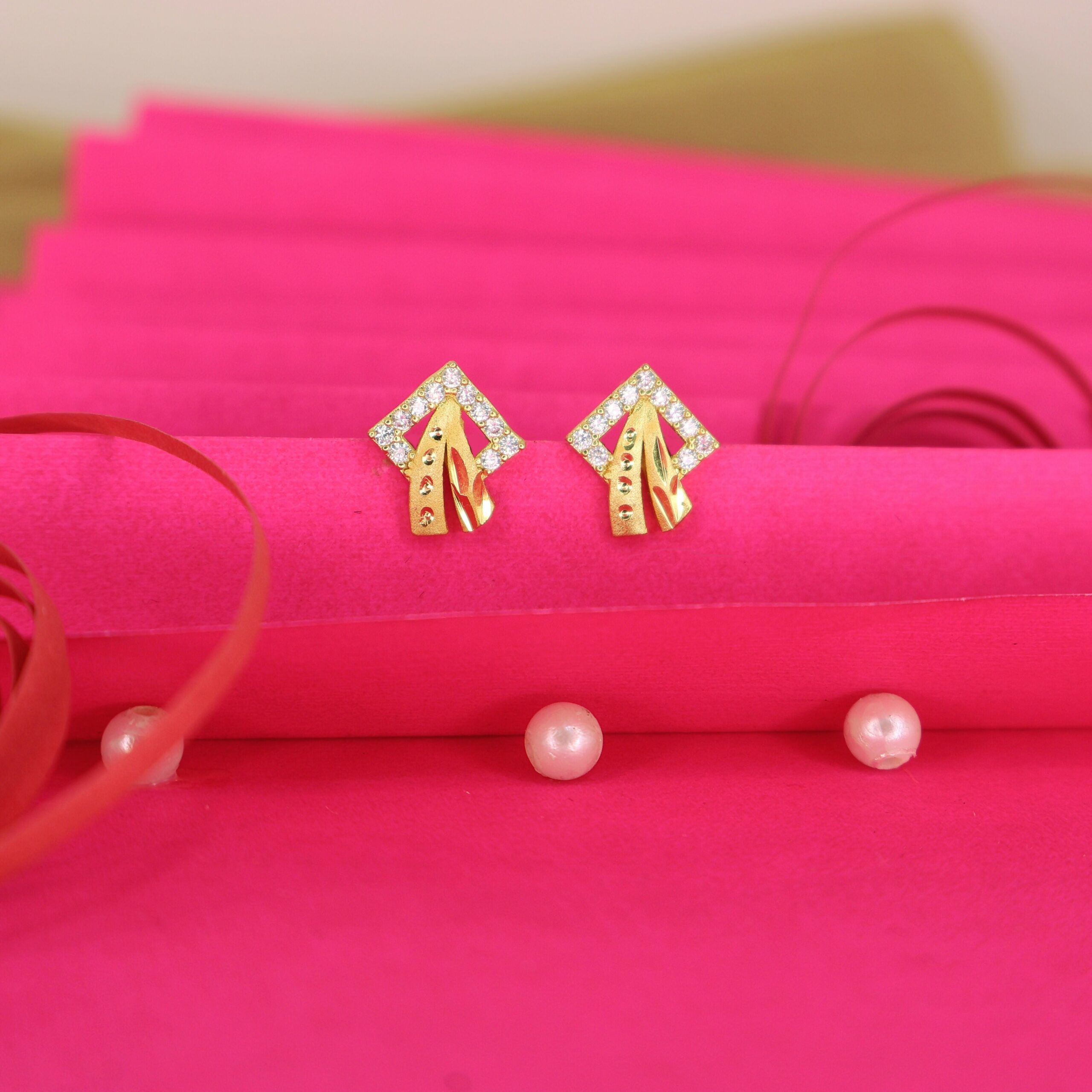 Gold Geometric Stud Earrings – Elegant Square Diamond... - Image 2