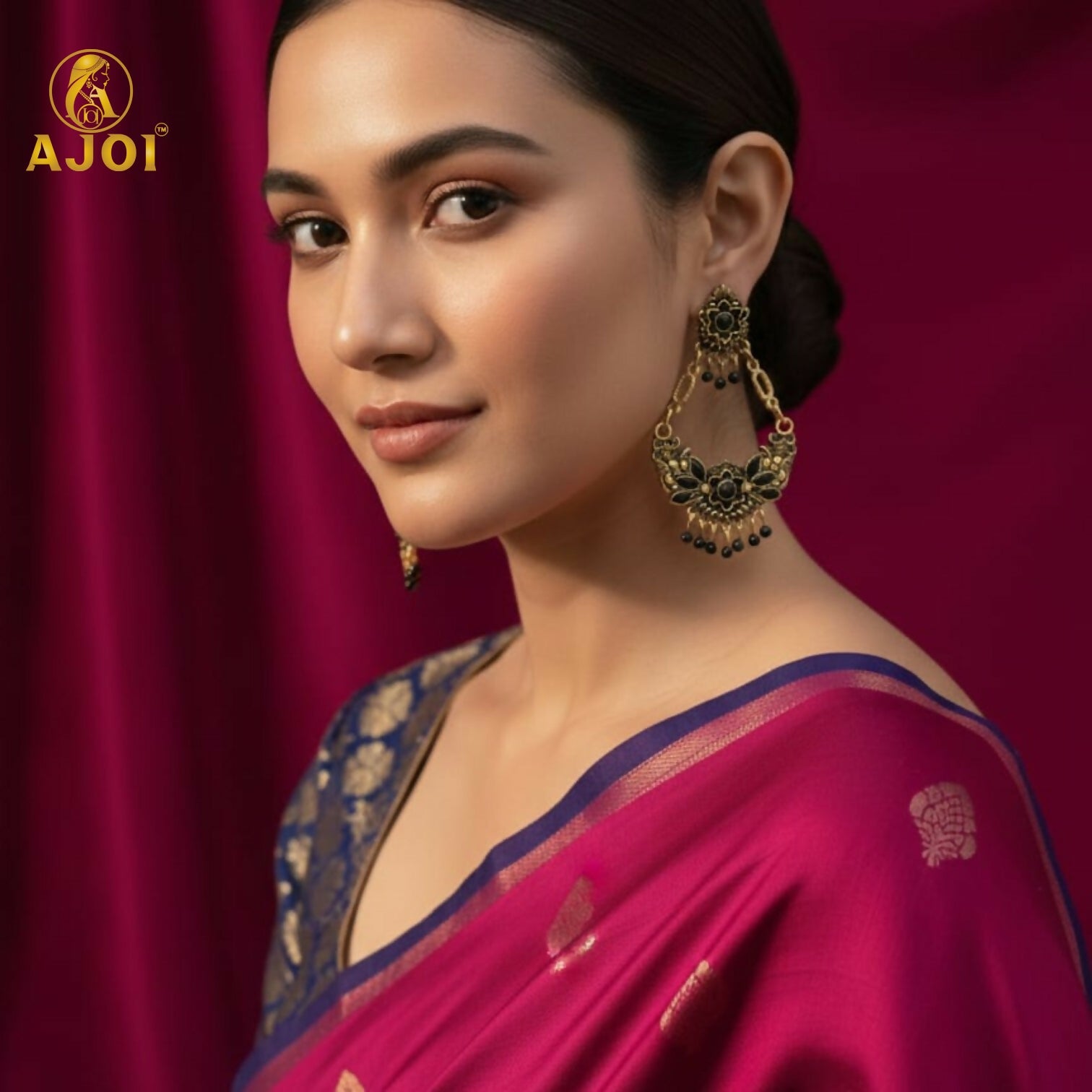 Chandbali Earrings – Antique Gold-Plated Floral with Blac... - Image 2
