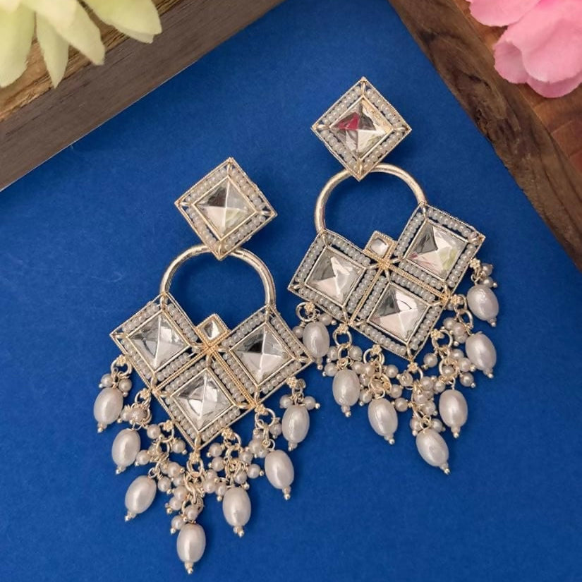 Antique Silver-Toned Kundan Chandbali Jhumka Earrings – E...