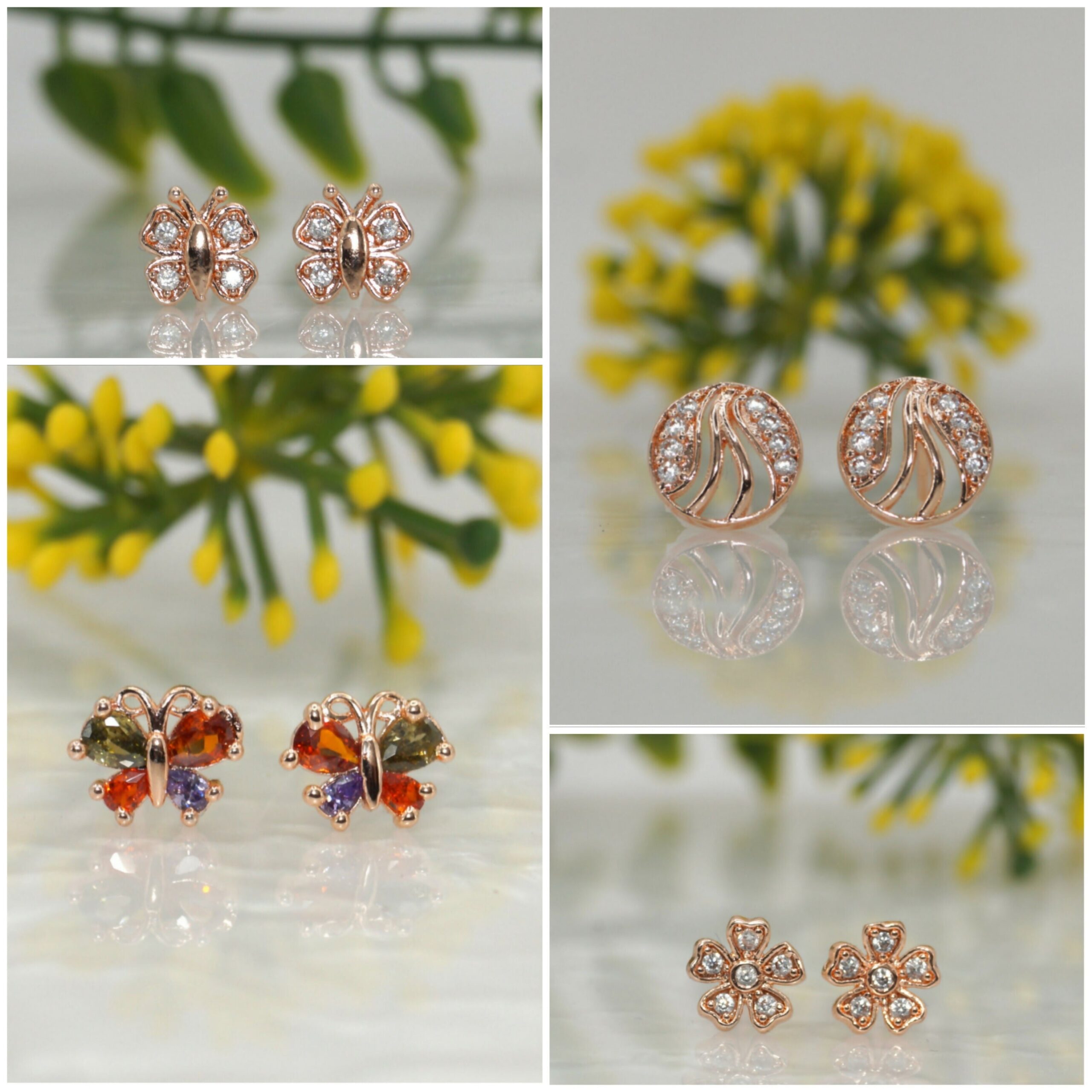 Rose Gold Stud Earrings Set – Butterfly &...