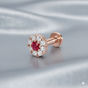 Ruby Halo Nose Pin in Rose Gold –…