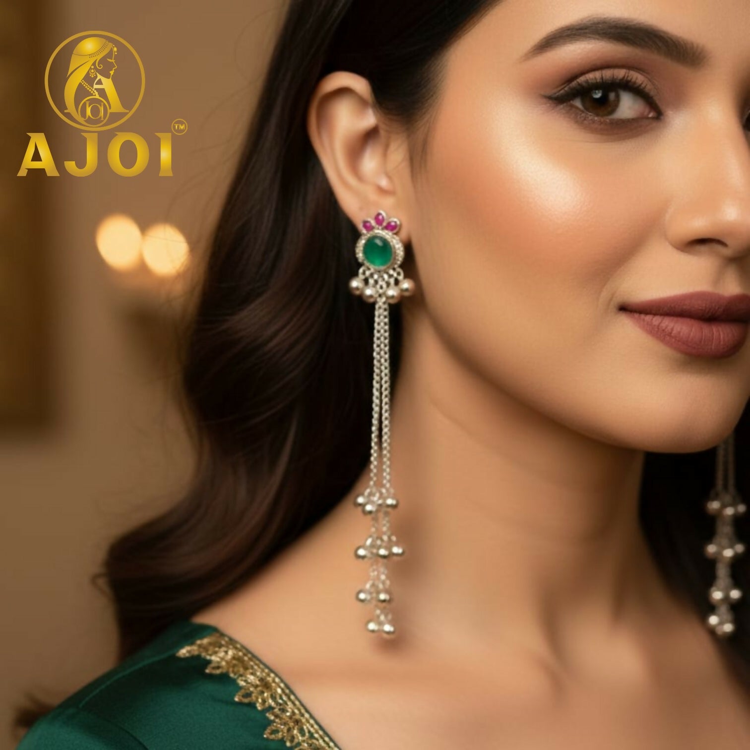 Green Stone Silver Ghungroo Chain Earrings – Regal... - Image 2