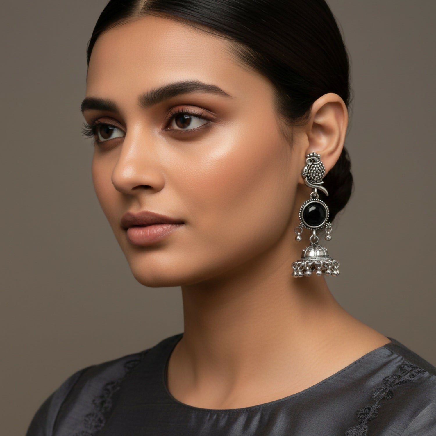 Oxidized Jhumka Earrings – Elegant Black Stone Design - Image 2