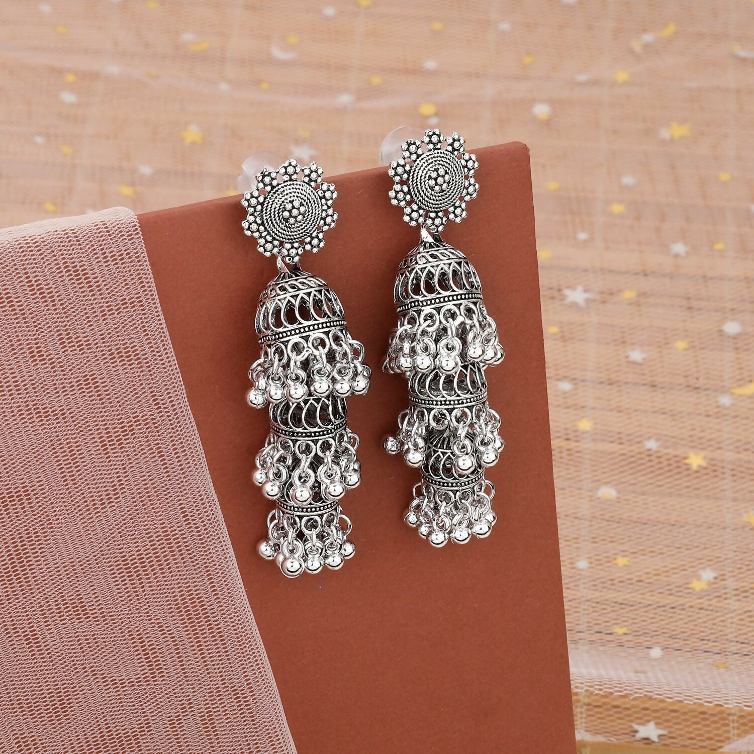 Oxidised Silver Long Layered Jhumka Earrings – Classic...