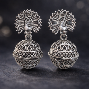 Oxidised Silver Jhumka Earrings – Elegant Peacock Design