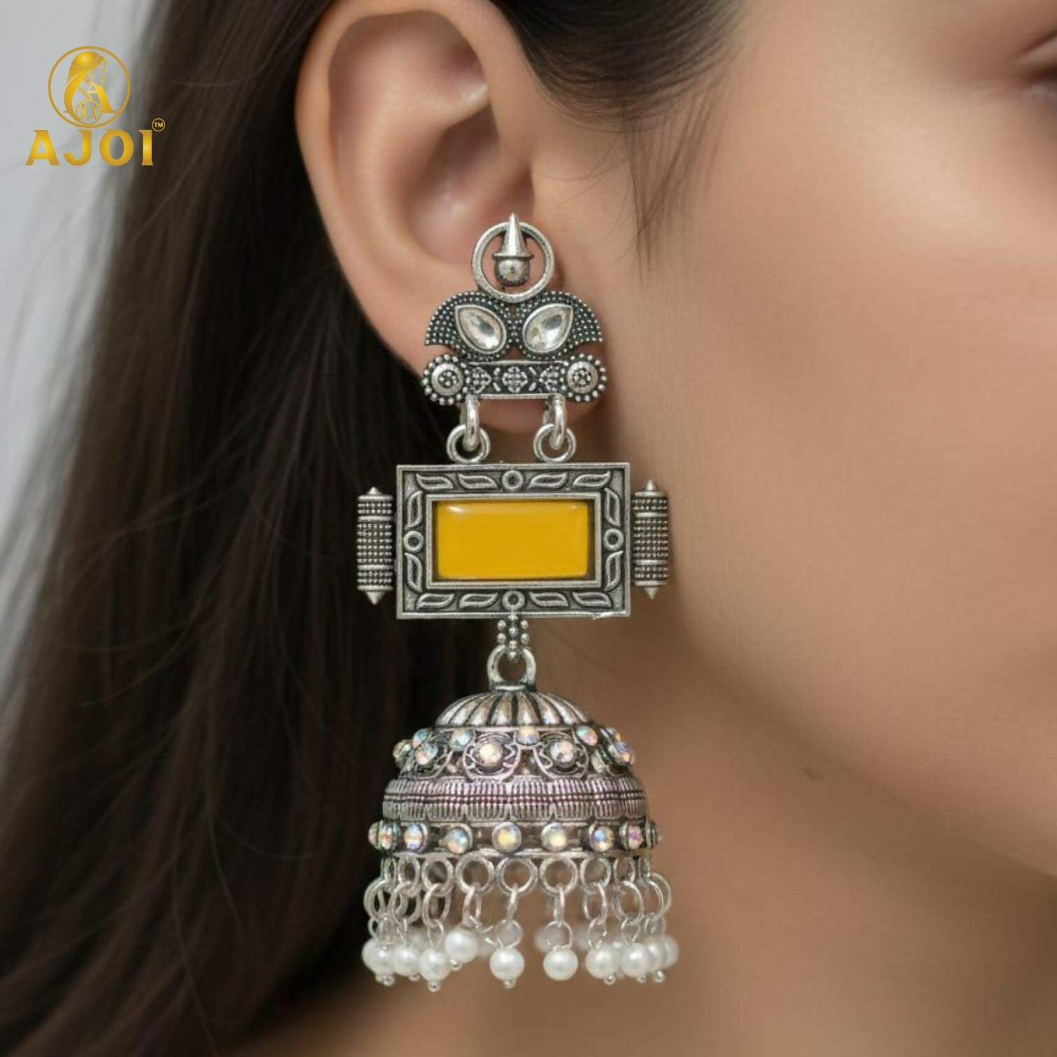 Oxidized Silver Jhumka Earrings – Traditional Yellow Ston... - Image 2