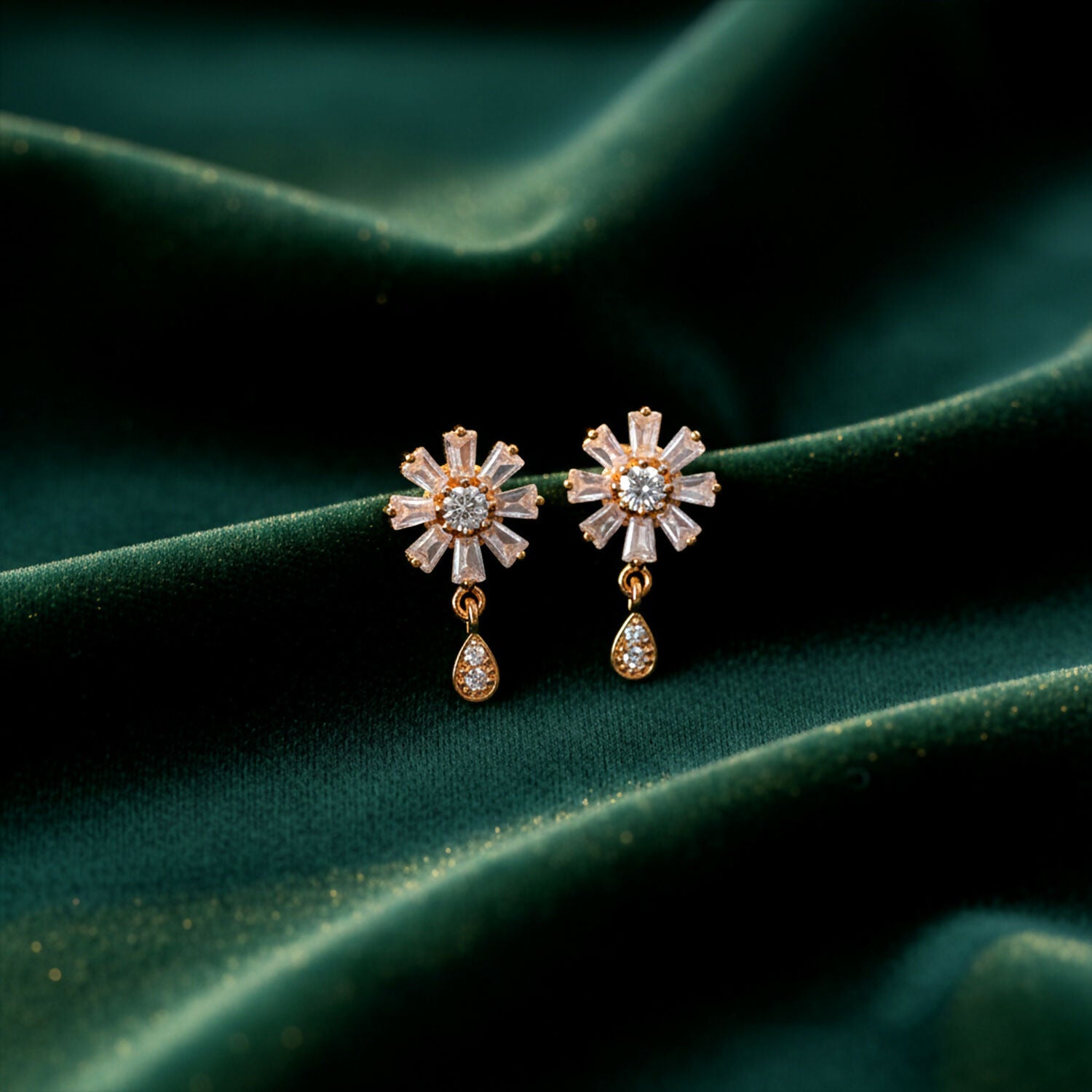 Floral CZ Stud Earrings with Teardrop Dangle –...
