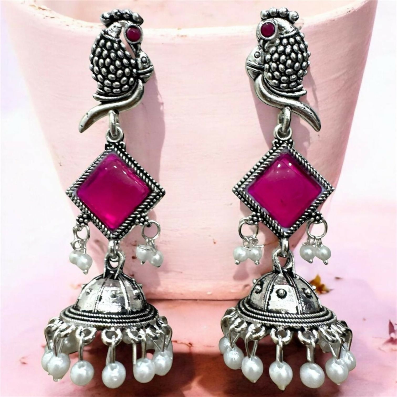 Oxidised Silver Pink Stone Jhumka Earrings – Parrot...
