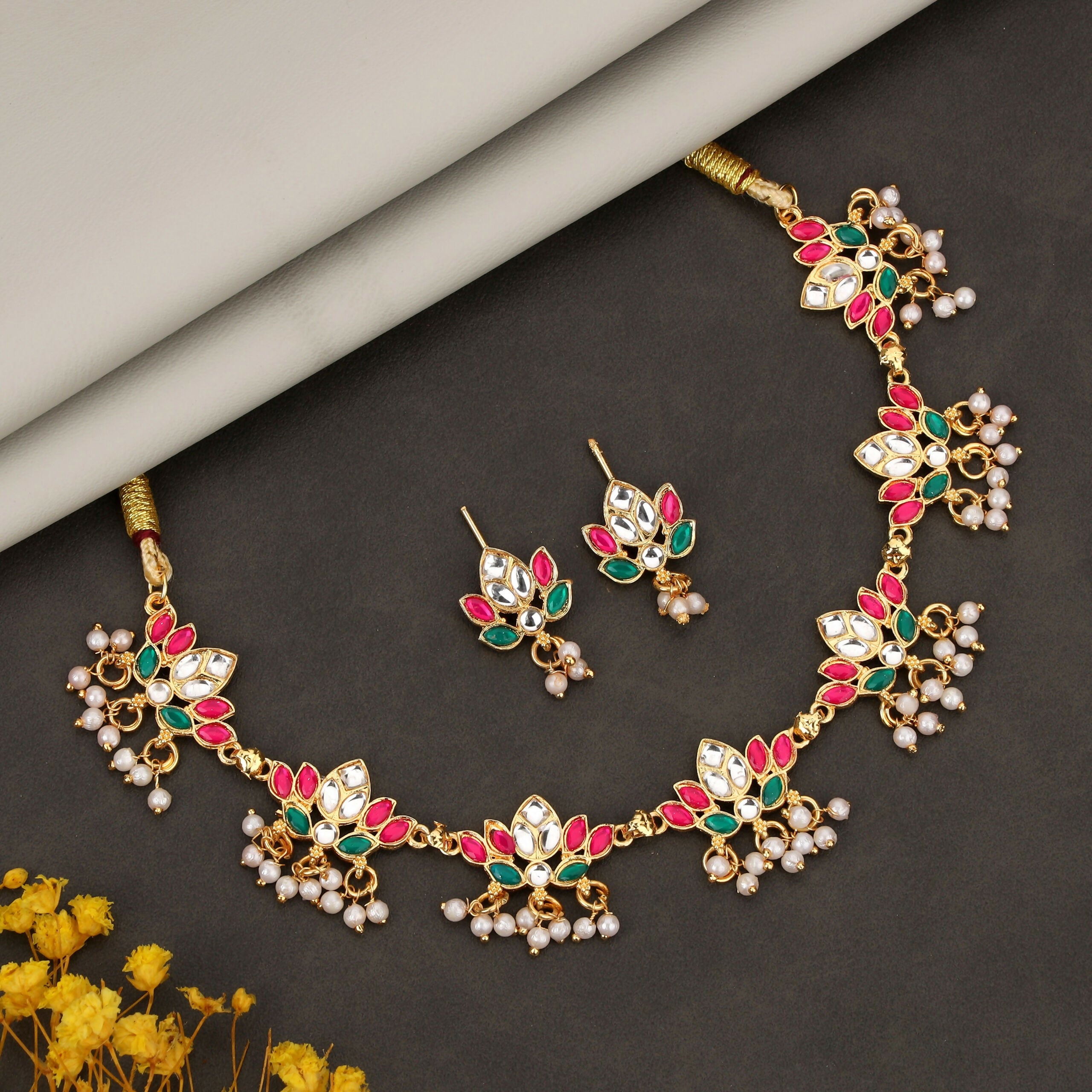 Pearl Choker Necklace – Multi-Strand with Gold Floral Pendant