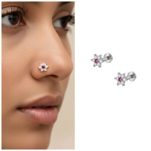Silver-Plated Floral Nosepin Studs with Ruby-Red Stone –…