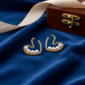 Gold Plated Swan Pearl Stud Earrings – Elegant...