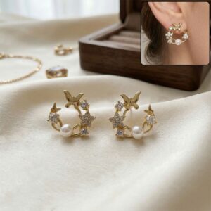Pearl Wreath Stud Earrings – Elegant Gold-Tone for...
