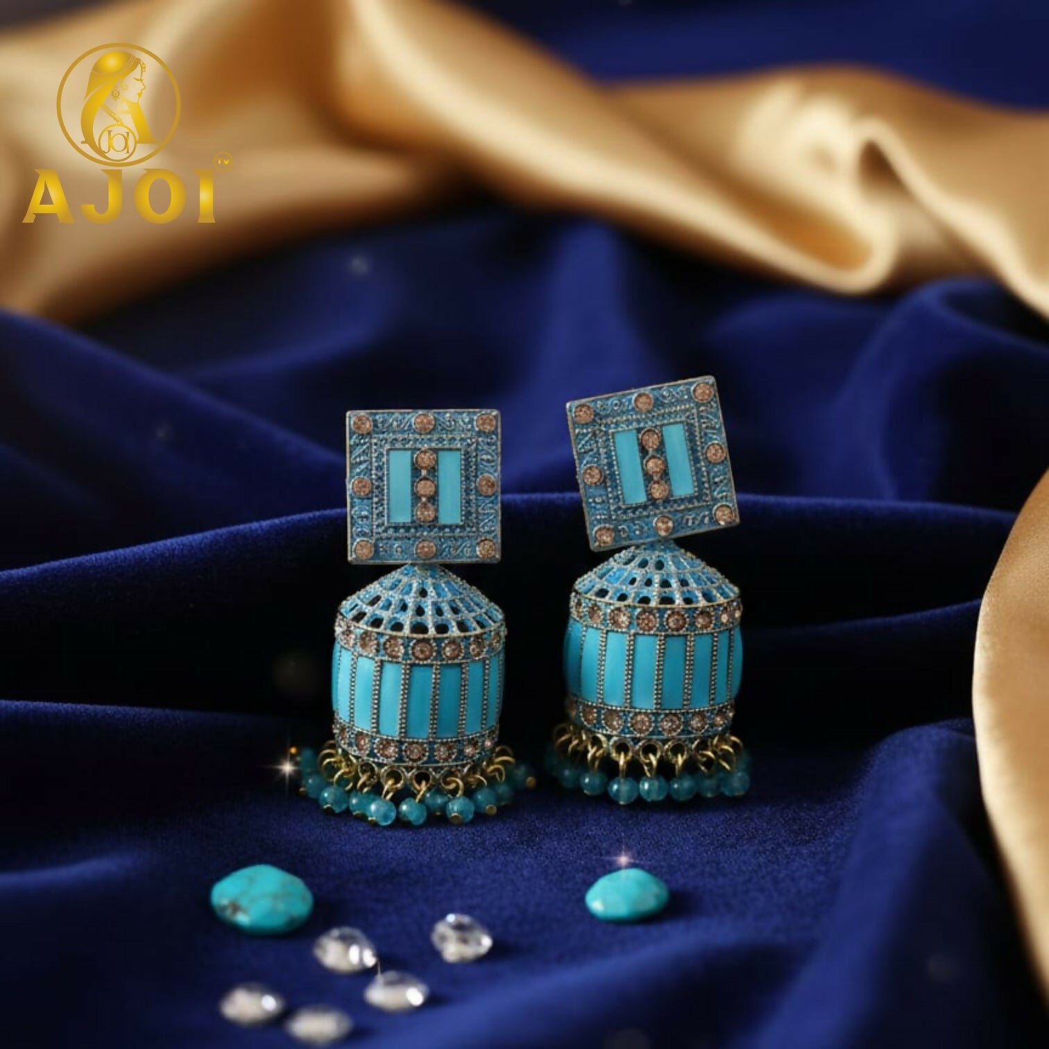 Turquoise Blue Designer Earrings – Elegant Gold Drop...